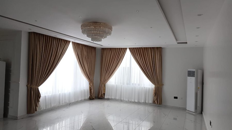 The Chandelier Hall — Sheers under camel drapes — showpiece