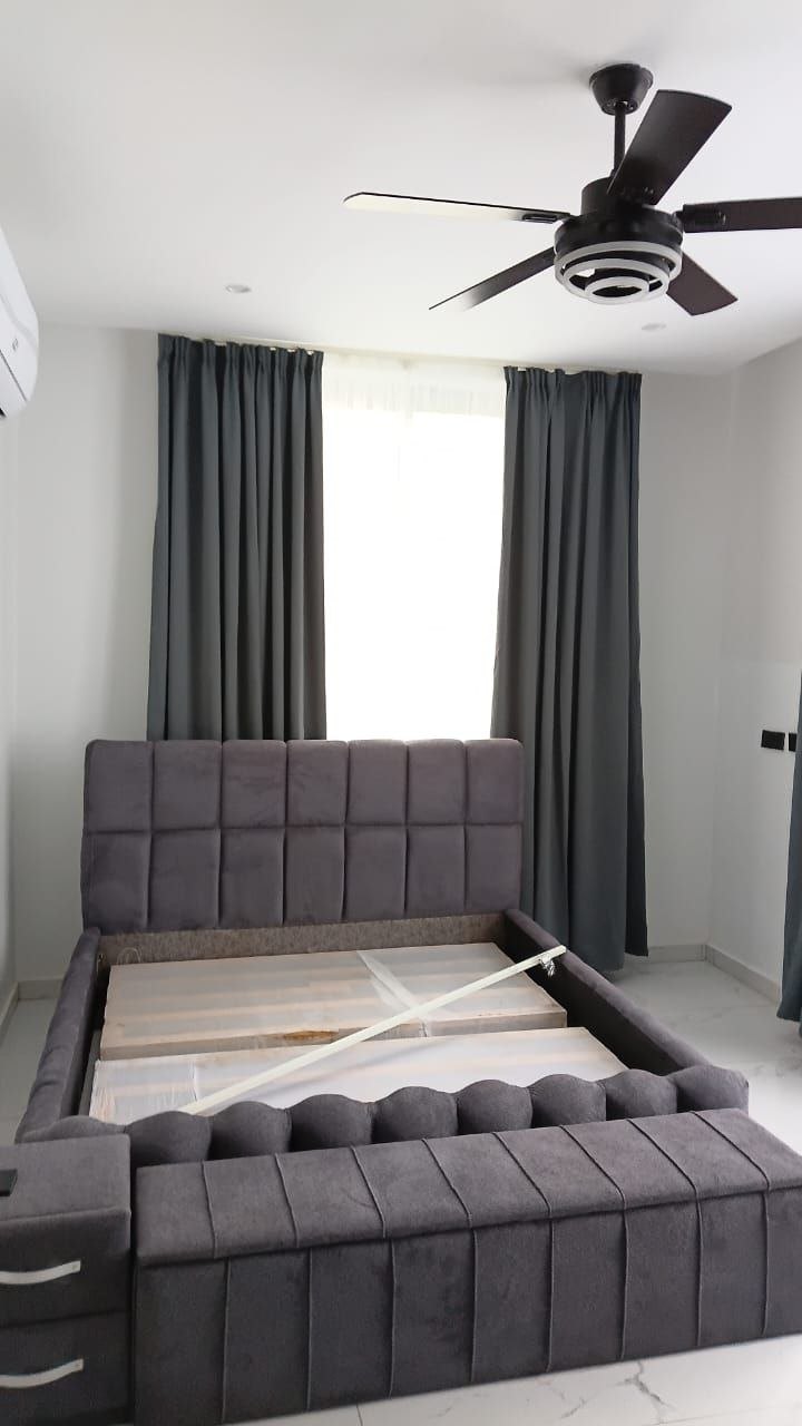 Grey Retreat — Blackout drapes & sheer — bedroom